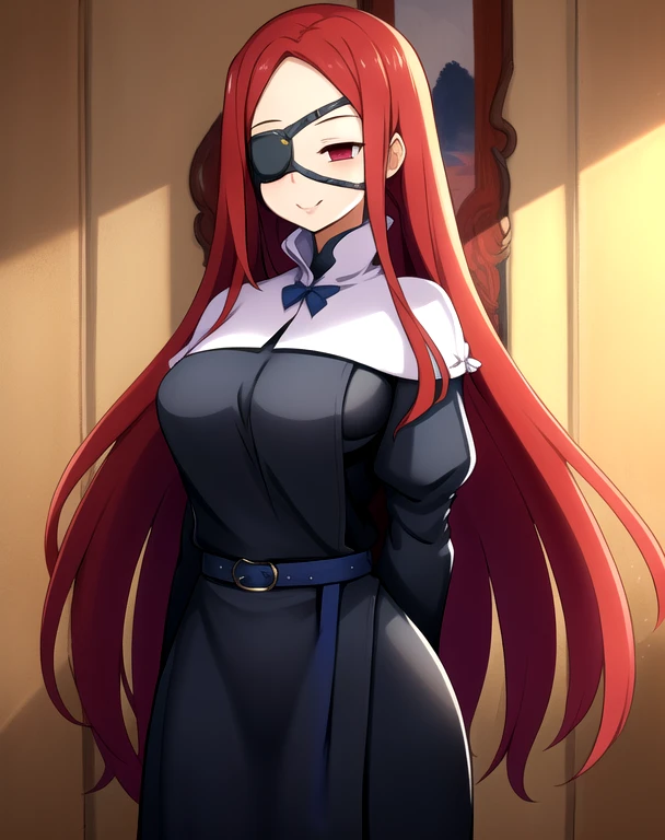 Marietta, right eyepatch, long red hair, smile, red eyes, 
blue roped belt,long sleeves,black dress, 
 standing, long skirt, white gloves
castle, indoors, (insanely detailed, beautiful detailed face, masterpiece, beautiful detailed eyes, best quality)
 