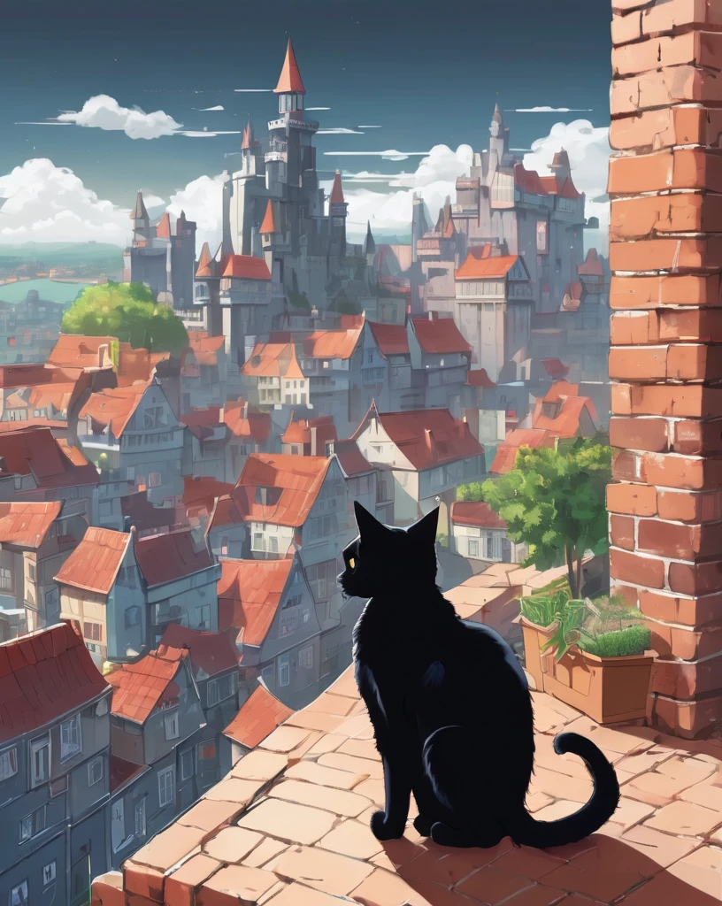 Generate an illustration of a black cat overlooking the cityscape from a high place. Overhead view. back view of cat castle. castle town. fountain. Bar. Greengrocer. Fish shop. Made of brick. Fantasy view . --s 1000 --c 5 --style raw --no lowest quality, lowest detailed, flat , realistic --niji 6