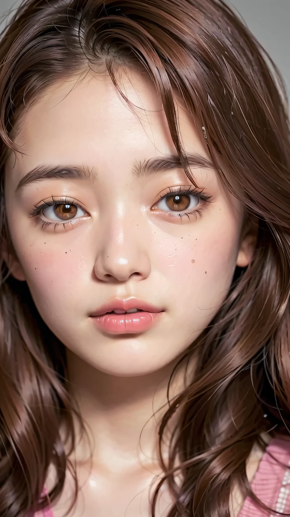 ((brown eyes)), (18 year old age girl), light brown hair color, ((big tits)), lips, realistic, (slim face), ((skinny)), charming, pink lipstick, colorful makeup, long eyelashes, wearing eyeliner, fair skin, (cute), (detailed face), detailed eyes, detailed iris,