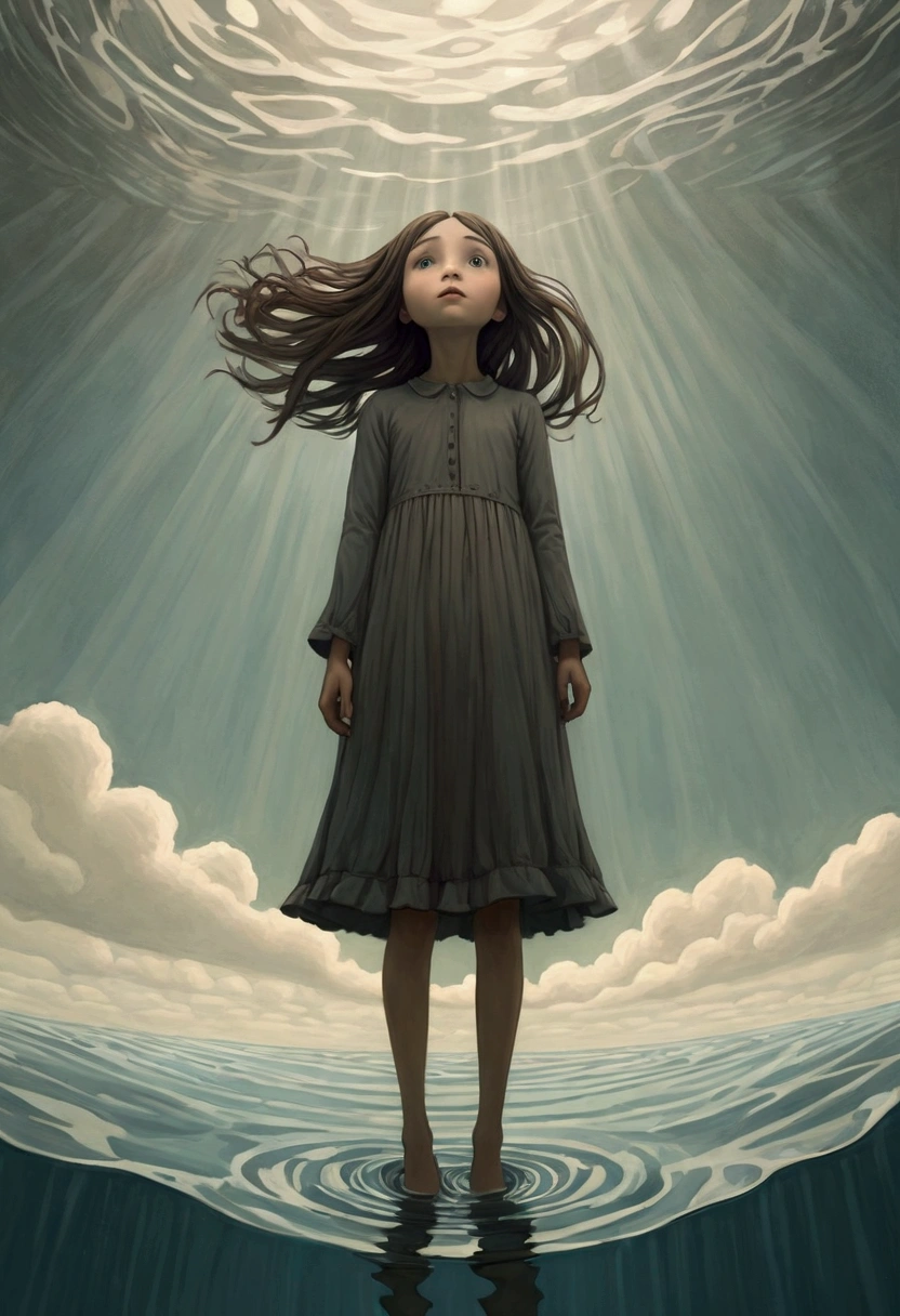 ((Inspired by John Kenn Mortensen)), Low Angle Shot, Looking from the bottom up, absurd, high resolution, Extremely detailed, (1 Girl:1.3), Hand Painted, Simple lines, Standing in the water, Flowing hair