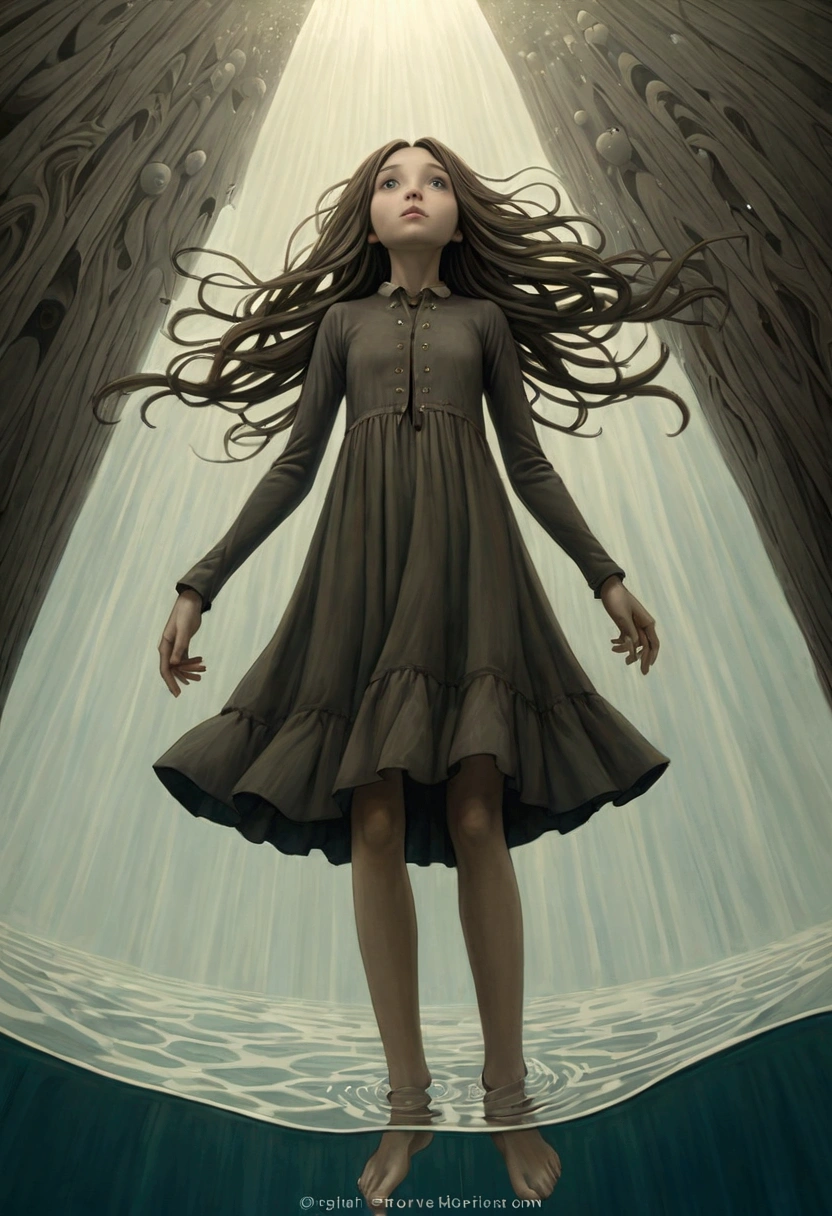 ((Inspired by John Kenn Mortensen)), Low Angle Shot, Looking from the bottom up, absurd, high resolution, Extremely detailed, (1 Girl:1.3), Hand Painted, Simple lines, Standing in the water, Flowing hair