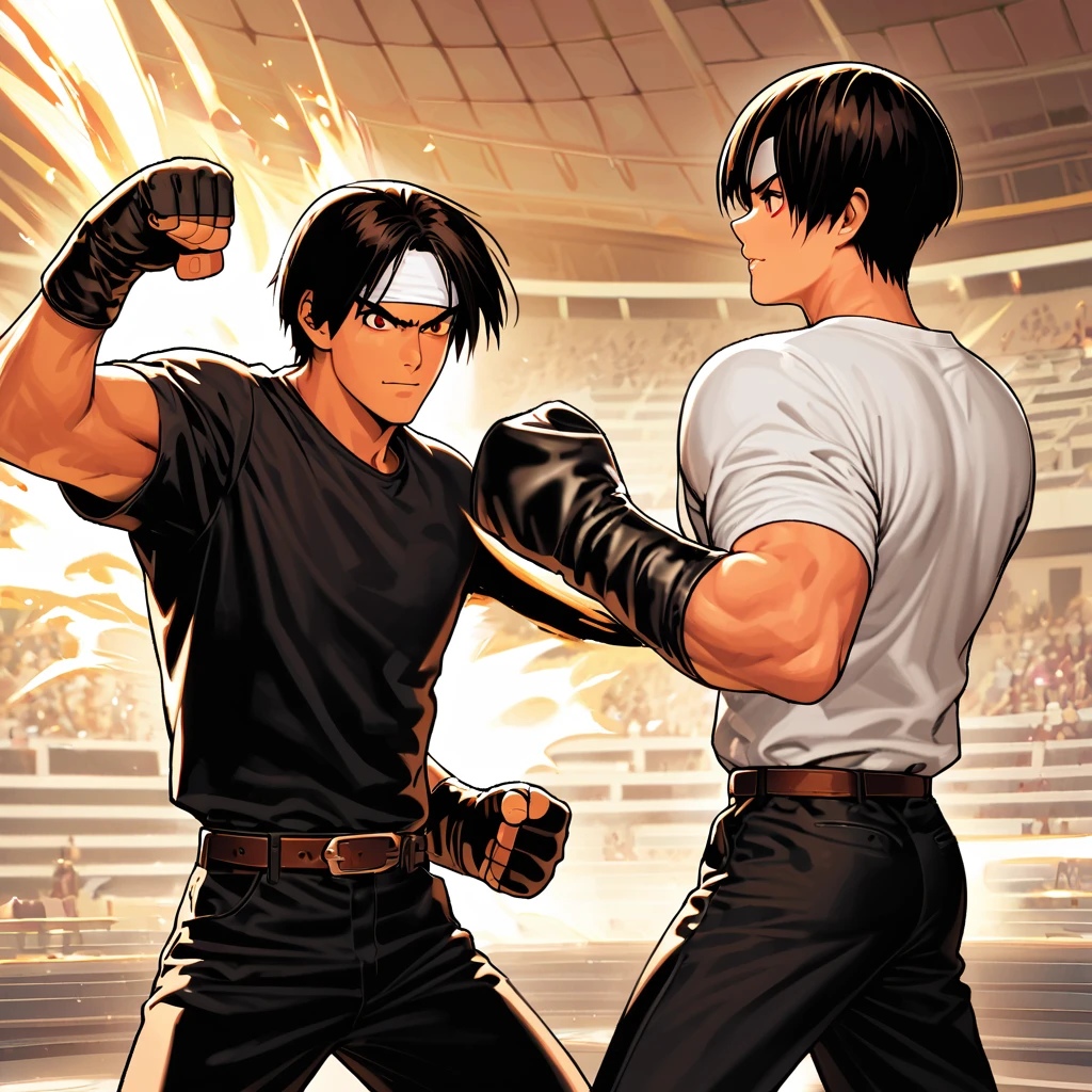 Masterpiece, 2 People, Man-Woman Fight, 1 on 1, Best Picture Quality, 8K, ((Fist Fight Scene)), Fighting Pose, Fighting: 1. 5,(kyo kusanagi), Man has dark skin, red eyes, One Person, ((white headband)) Two Shot, Black Jacket (rolled up arms), Fingerless Gloves, Black Hair, White T-shirt, black pants, white shoes, brown belt, boyish, handsome, shot, attractive, masterpiece, high quality, fine details, grainy, morning, confident smile, man and woman fighting against the background of the Arles amphitheatre, loud cheers, same hairstyle, same hair and clothes, angry face: 1. attack speed 5, fast attack, angry face, angry face