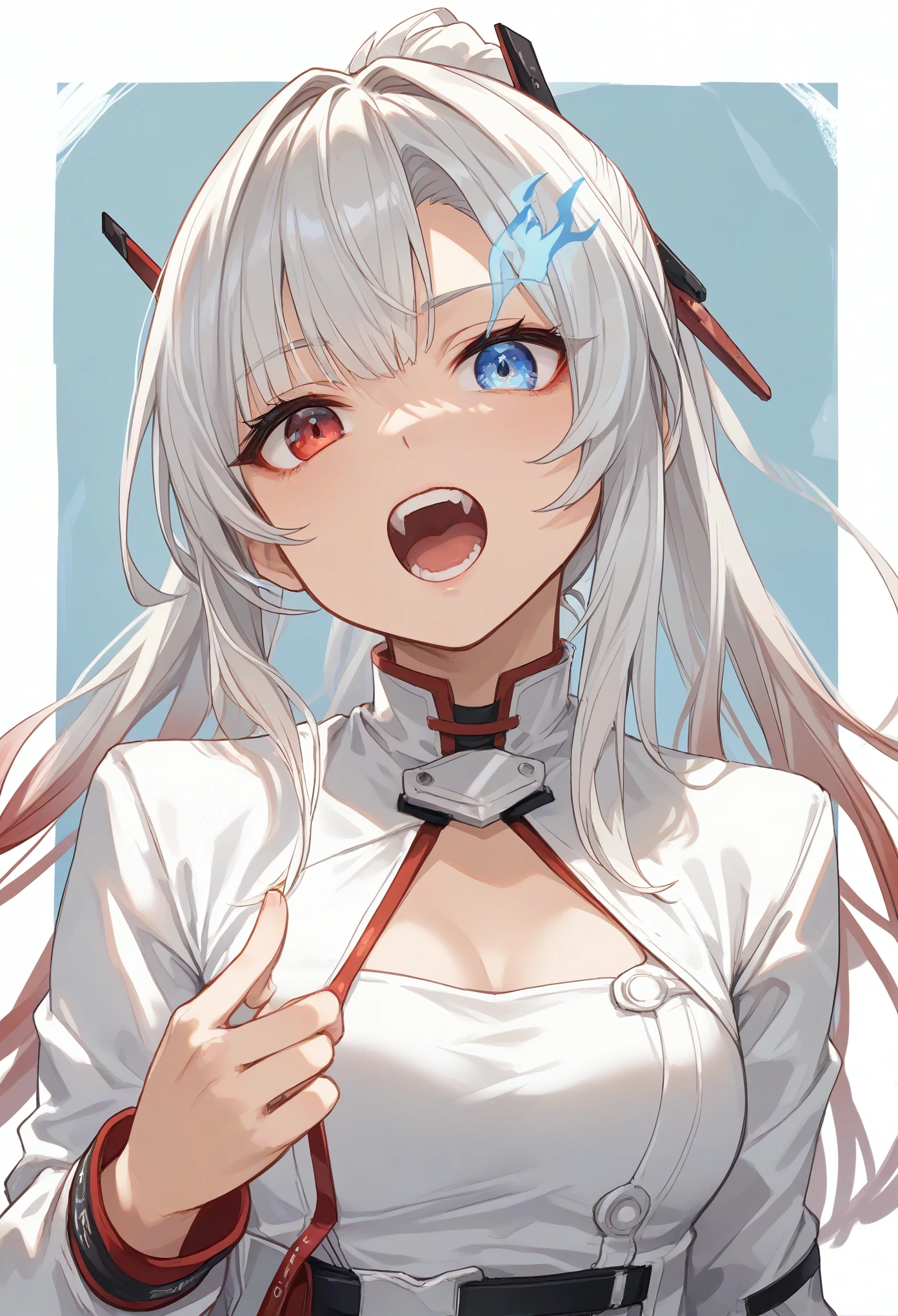 solo, white hair, red ribbon, headgear, ponytail, gradient hair, ((red eyes, blue eyes, double coulored eyes,blue flaming eye)),
,crazy look,open mouth,hand on check
