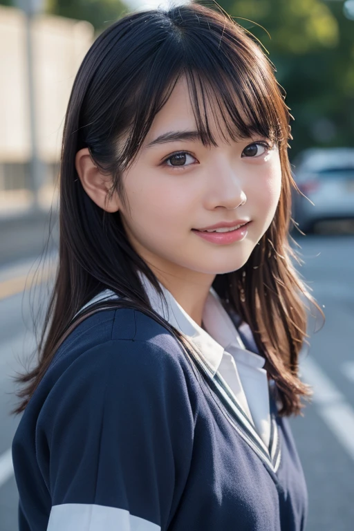((Cute 15 year old Japanese))、on the road、Highly detailed face、Pay attention to the details、double eyelid、Beautiful thin nose、Sharp focus:1.2、Beautiful woman:1.4、Cute Hairstyles、Pure white skin、Highest quality、masterpiece、Ultra-high resolution、(Realistic:1.4)、Highly detailed and professional lighting、nice smile、Japanese school girl uniform