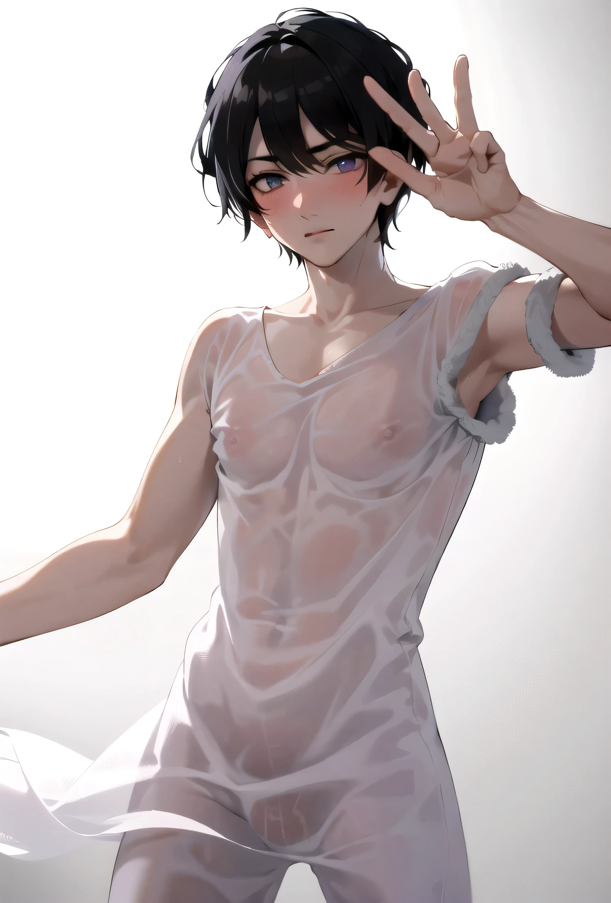(masterpiece), (HDR), absurdres, (best quality), (ultra high quality), (hi-res), (((cowboy shot))), (1boy), solo, alone, mature, (violet eyes), beautiful detailed eyes, (((fluffy black hair))), bangs, Slim, cute, shiny skin, bishounen, BREAK, Transparent Dress, dynamic poses, dynamic angle, No background, White background, looking at viewer, blush