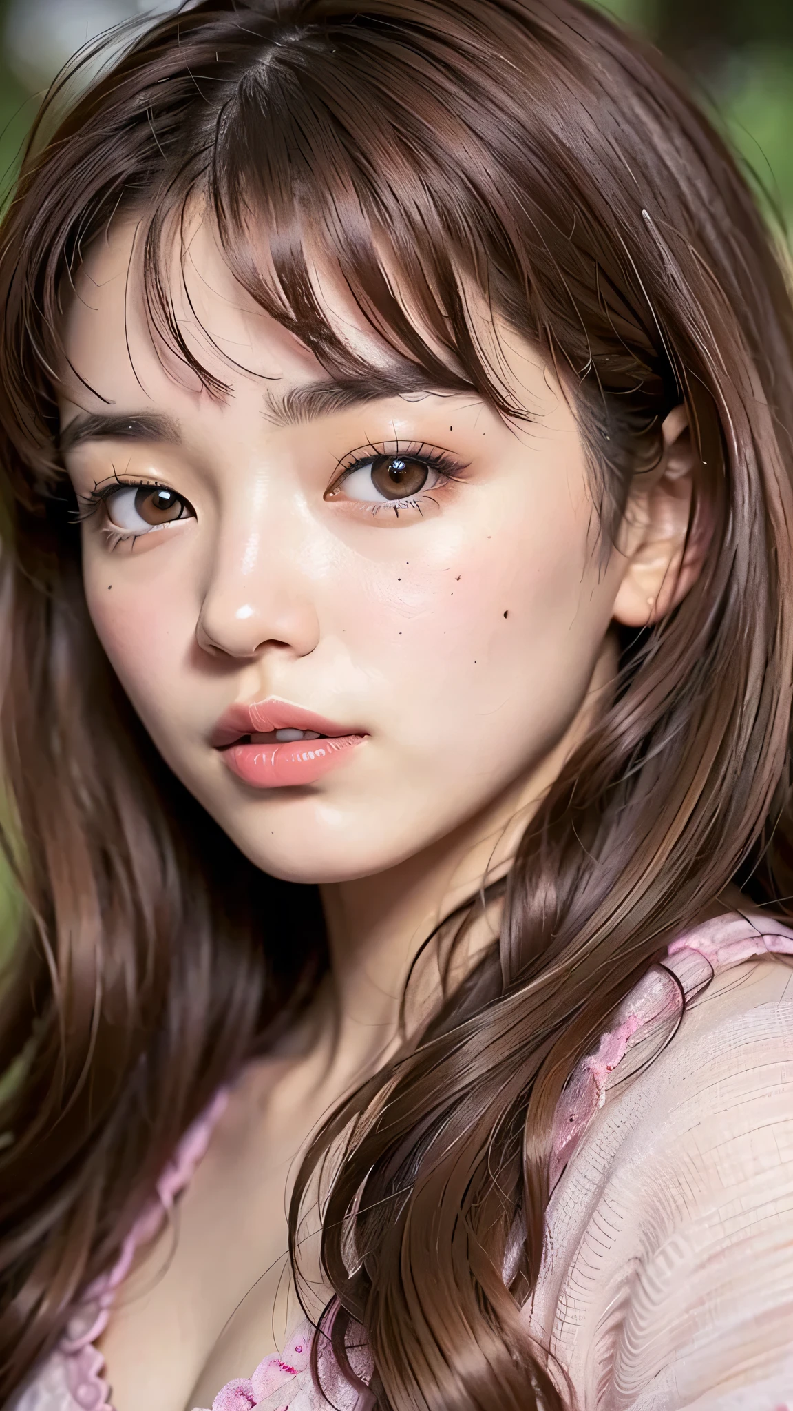 ((brown eyes)), (18 year old age girl), light brown hair color, ((big tits)), lips, realistic, (slim face), ((skinny)), charming, pink lipstick, colorful makeup, long eyelashes, wearing eyeliner, fair skin, (cute), (detailed face), detailed eyes, detailed iris,