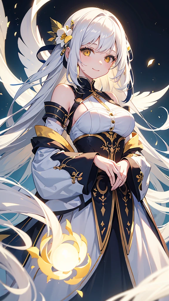 1 girl, High resolution, masterpiece, HD Model, very long hair, White hair, split bangs, hair over the shoulder, big breasts, smile, yellow eyes, throw, Zoom layer, afterimage, flower on the head, shine, blurred, image fill, depth of field, cheered up, animated style, 