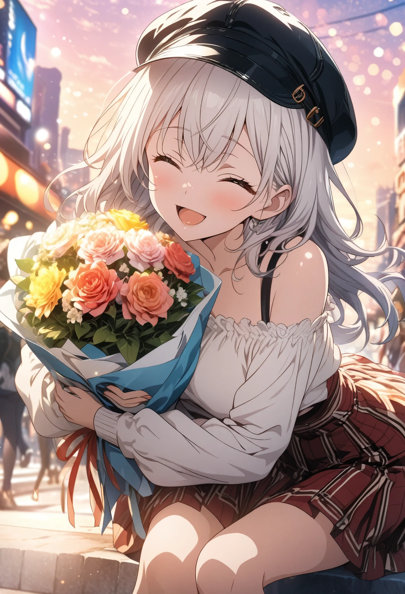 Two Girls, Holding a colorful bouquet, masterpiece, Highest quality, Highly detailed CG Unity 8K wallpapers, High School Girl Anime Illustration, wearing off-the-shoulder clothes, She is wearing a red and black checked skirt.., She closes her eyes and opens her mouth wide, smile. white hair color, Yellow Eyes, Bokeh, Street Style Fashion, Wear a hat, Shoulder bag included, Lens flare, The Rising Sun, Pink Sky, The background is the cityscape, Bokeh photo, (Soft Focus): 1.2, Out of focus highlights, Dreamy atmosphere, Fascinating Depth