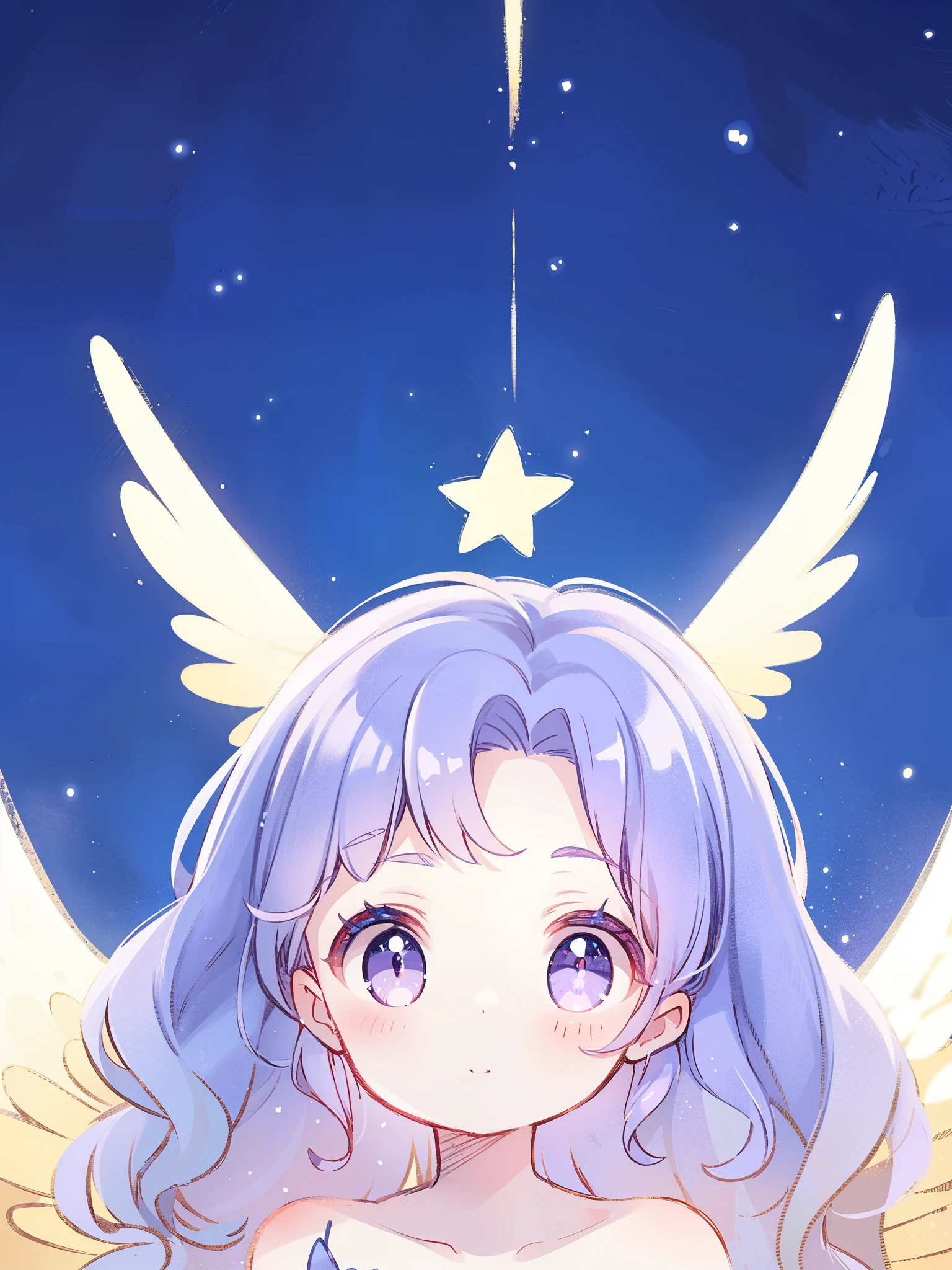 nude angel girl wearing an ethereal translucent dress, pale skin, ((wavy gradient blue purple hair)), white feathers, angel wings, sparkling detailed eyes, golden ratio face, perfect composition, highly detailed, ethereal, (starry night sky background), midjourney style
