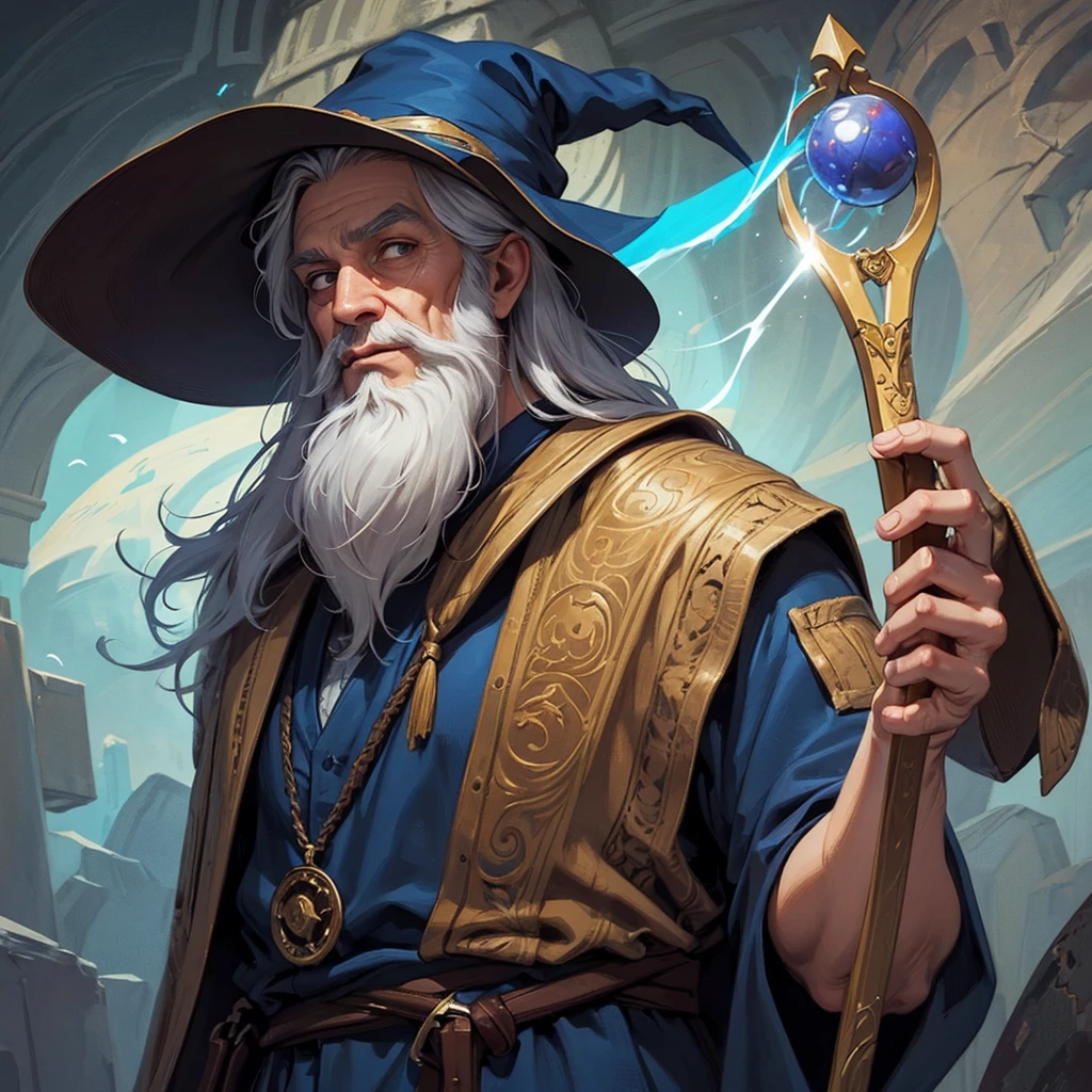 a cartoon wizard with a long beard and a hat, Gandalf-like, blue robes, spell casting, looking at camera, arms open, detailed facial features, intricate textures, vibrant colors, digital art, concept art style, 8-bit style