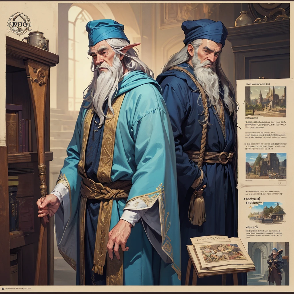 a cartoon wizard with a long beard and a hat, Gandalf-like, blue robes, spell casting, looking at camera, arms open, detailed facial features, intricate textures, vibrant colors, digital art, concept art style, 8-bit style