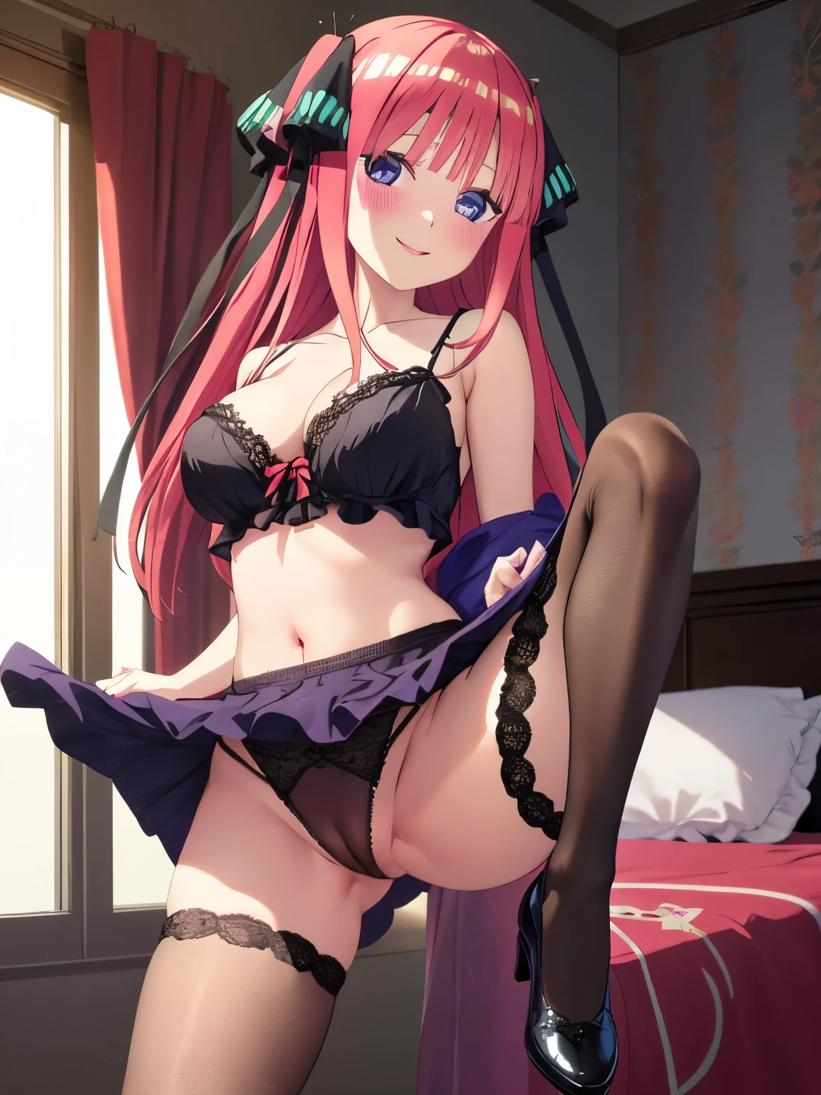 best quality, insanely detailed, nino nakano, breasts, blush, bedroom background, bare-shoulder, looking at viewer, a black ribbon, stockings, pussy, smile, lingerie garterbelt, cheerful eye, Gymnastics leg spread