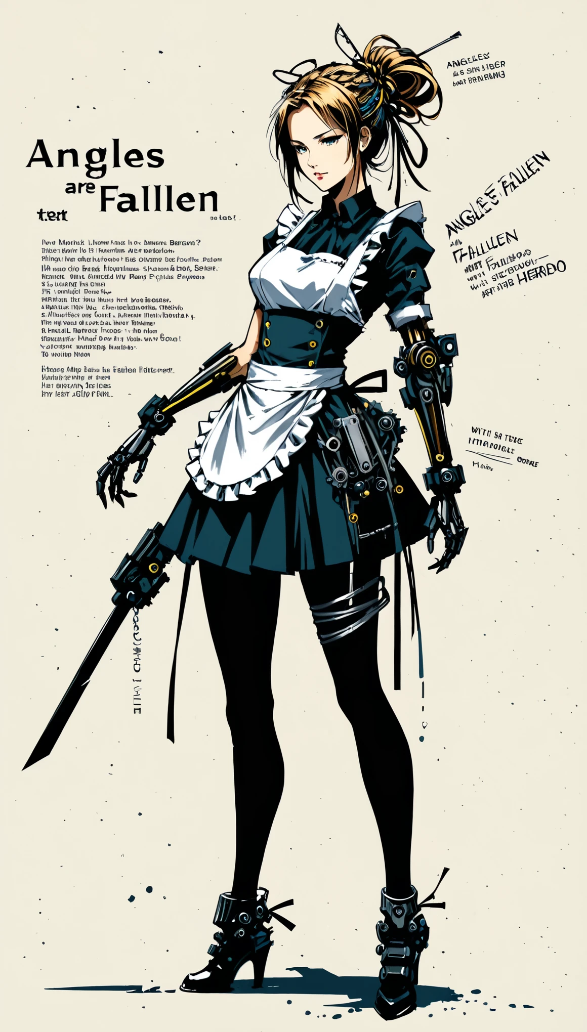 (with the text:"Angles are Fallen":1.4),{in style of Hans Hartung},{in style of Heinrich Lefler},in style of Artur Bordalo
character concept design,(1girl:1.4),mechanical arm,maid, multi-tied hair