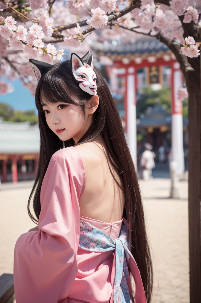 masterpiece, Highest quality, One girl, Long Hair, stage, cherry blossoms, Temple, Fox Mask, Removable sleeves, Put your arms behind your back,