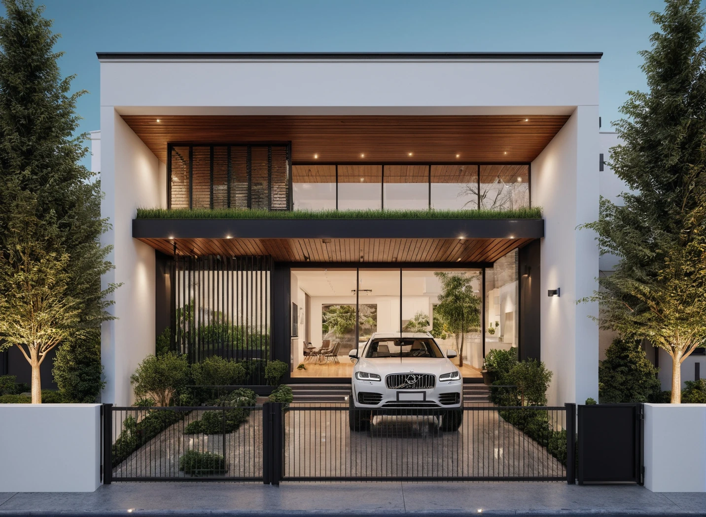 Raw photo, Masterpiece, high quality, best quality, realistic, super detailed, outdoor, modern house style on the street, white wall, wooden swing door, glass door, awning, car, metal fence black type, glass railings, roads, trees, night lights:1.1), vivid colors, (realistic:1.2),