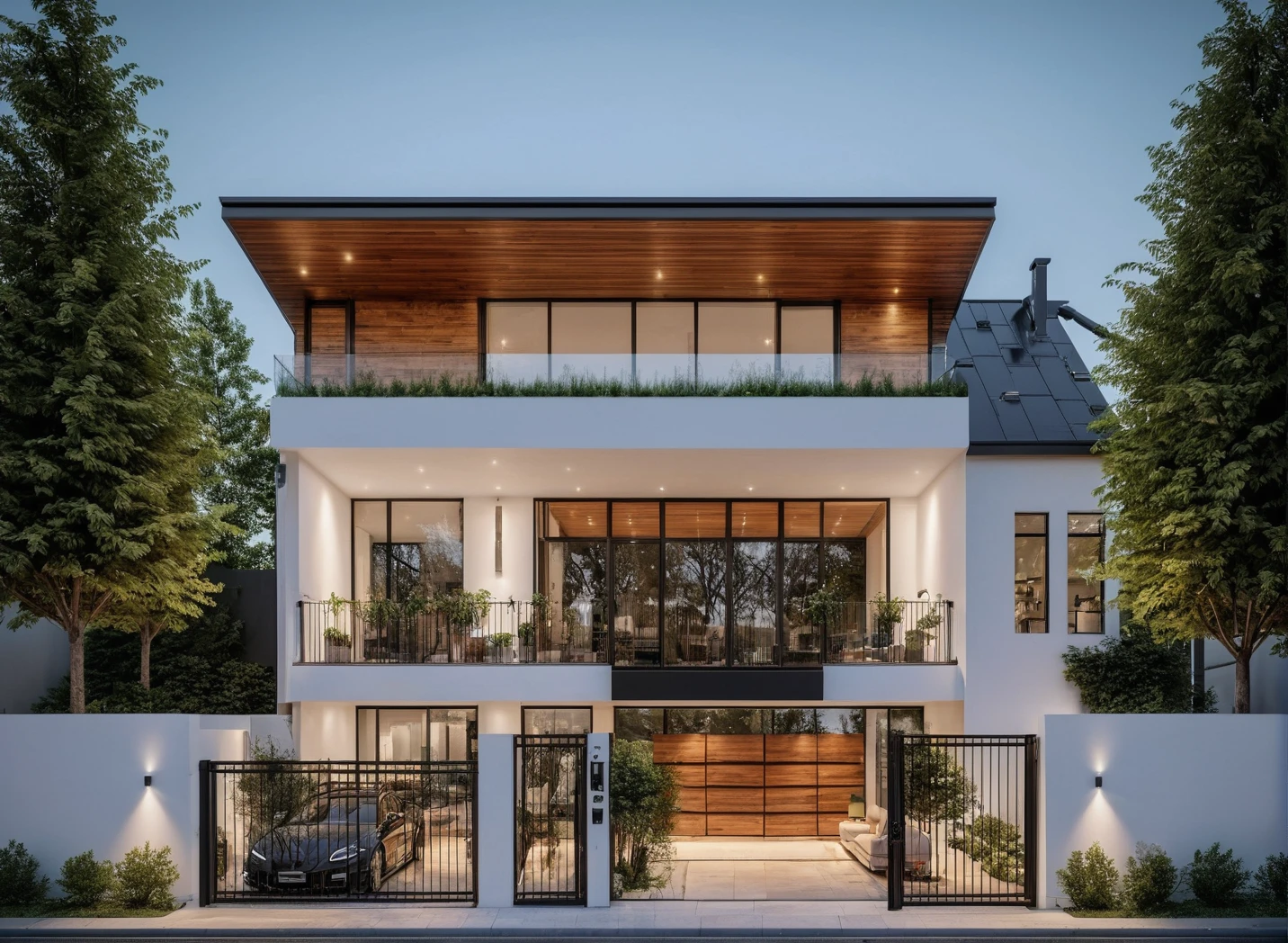 Raw photo, Masterpiece, high quality, best quality, realistic, super detailed, outdoor, modern house style on the street, white wall, wooden swing door, glass door, awning, car, metal fence black type, glass railings, roads, trees, night lights:1.1), vivid colors, (realistic:1.2),