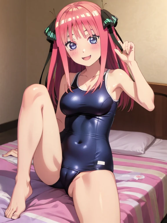 best quality, insanely detailed, nino nakano, breasts, blush, bedroom background, looking at viewer, pussy, smile, one-piece swimsuit, cheerful eye, Gymnastics leg spread
