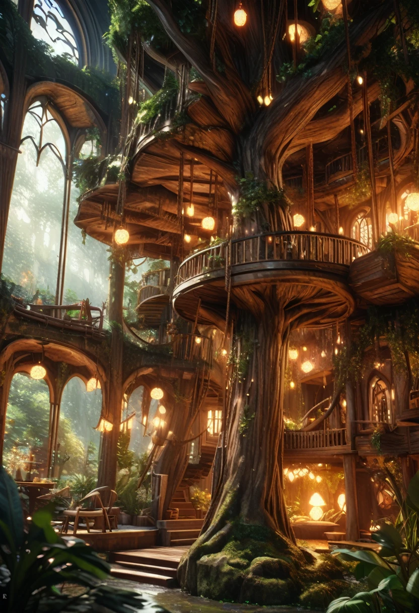 a treehouse high up in a large ancient tree, rope ladder hanging down, warm glowing lights from windows, detailed exterior, whimsical interior, lush green foliage, magical atmosphere, photorealistic, 8k, masterpiece