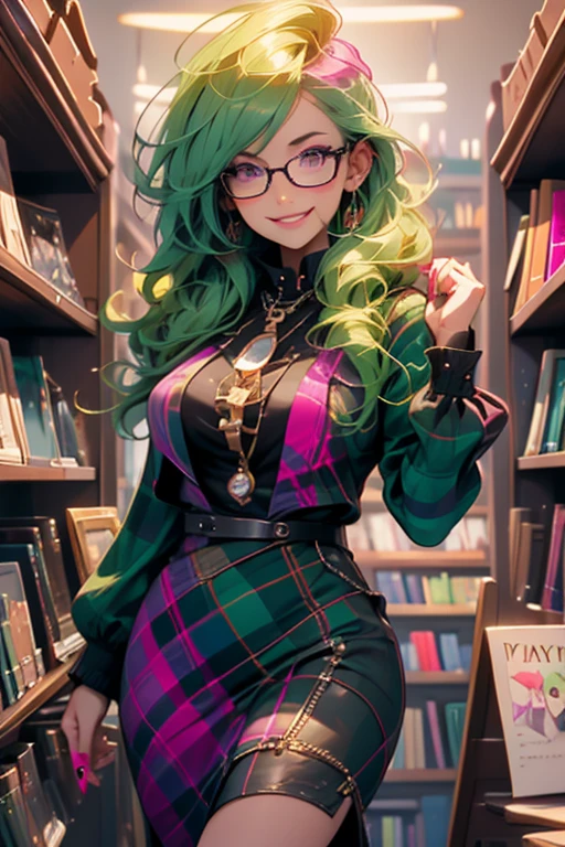 Perfect face. Perfect hands. A green haired woman with violet eyes and glasses with an hourglass figure in a plaid dress is smiling in a bookstore with a pink haired woman with violet eyes and an hourglass figure