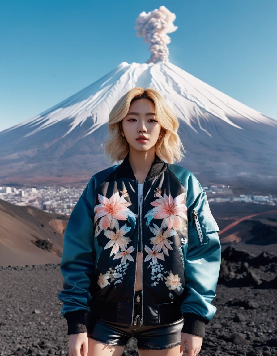B&DANS, photo instagram, photo portrait de 26 ans.o Blonde DANSoman, yeux détaillés parfaits, peau naturelle, hard shadoDANSs, grain de film Extreme high-angle shot, a woman wearing a black floral print zip-up bomber jacket at the foot of Mount Fuji with an erupted volcano, The scene exudes the high-energy and visually captivating aesthetic of a K-pop music video, with a playful and immersive winter wonderland vibe,