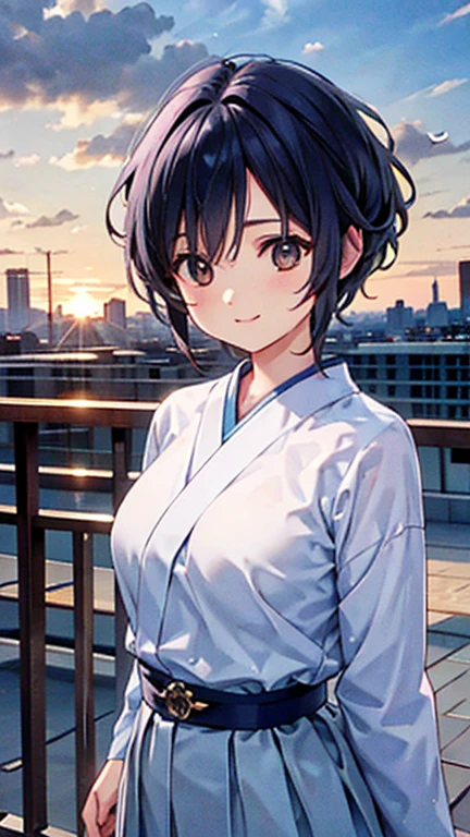 (highest quality,masterpiece:1.3,Ultra-high resolution),(Super detailed,Caustics,8k),(Photorealistic:1.4,RAW shooting),(Buckshot),Japanese,23 years old,cute,Are standing,(Smiling and looking at the camera),Black Hair Middle Hair,,White blouse,Knee-length skirt,Strong winds,Hair blowing in the wind,Rooftop,Backlight,Sunset,Sunset sky,Waist up shot,Face Focus,Face close up,Natural light