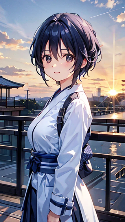(highest quality,masterpiece:1.3,Ultra-high resolution),(Super detailed,Caustics,8k),(Photorealistic:1.4,RAW shooting),(Buckshot),Japanese,23 years old,cute,Are standing,(Smiling and looking at the camera),Black Hair Middle Hair,Big Breasts,White blouse,Knee-length skirt,Strong winds,Hair blowing in the wind,Rooftop,Backlight,Sunset,Sunset sky,Waist up shot,Face Focus,Face close up,Natural light