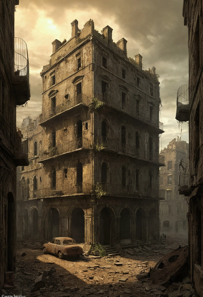 Créez des chefs-d'œuvre dystopiques,Représentez le paysage urbain antique détruit dans un style artistique conceptuel de jeu réaliste.. L'œuvre d'art doit évoquer un sentiment de désolation et de désespoir antique , monde post-apocalyptique. Gardez un œil sur les subtilités des détails, netteté, et une description très détaillée de la ville en ruines. Inspirez-vous des styles artistiques de Wayne Barlow et islav Beksiński. Livrez cette image au format d'affichage vidéo, Montrez la sombre beauté de ce monde en décomposition.