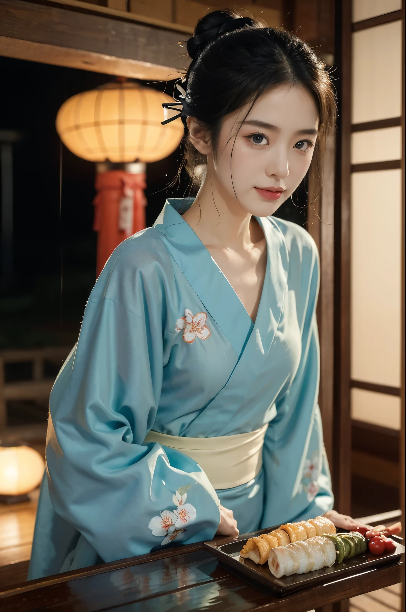 (((best quality))),(((ultra detailed))),(((masterpiece))),illustration,((1 beautiful Japannese girl,solo)),((slim,thin)),((small breasts,flat chest)),(in izakaya:1.3),(summer:1.2),(rainy:1.3),(indoor:1.2),(night scene:1.3),(wet:1.3),(cyan floral yukata:1.3),neat bun,porcelain skin,rouge,dimly lit,warm glow,ethereal,(standing:1.3),(hands on both sides:1.3),sake bottle,half-empty glass,tray,grilled fish,steamed vegetables,half-eaten,melancholic smile,storm,solitude,enigmatic aura,tranquility,chaos,simplicity,mysterious,captivating,((from front,upper body))