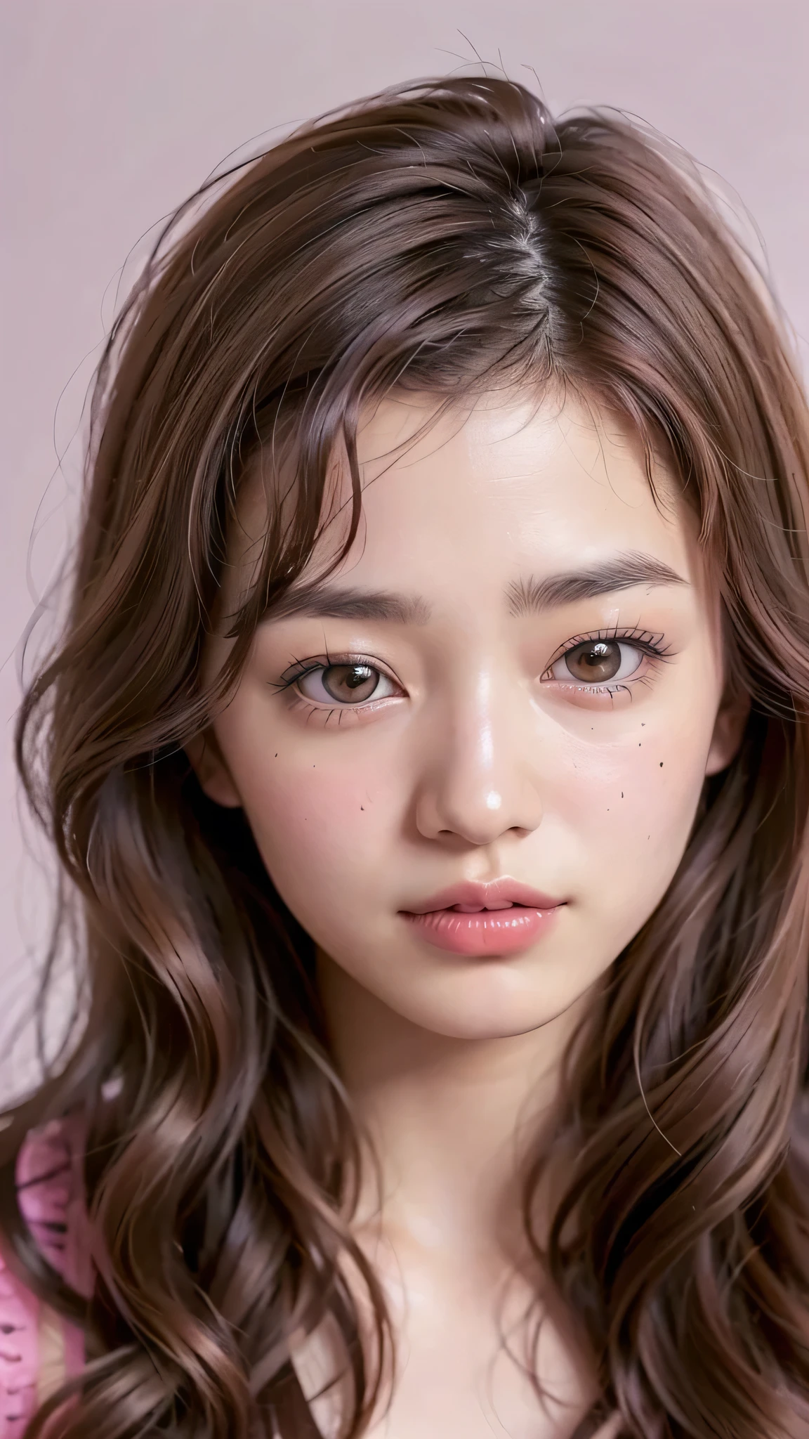  ((brown eyes)), (18 year old teenage girl), light brown hair color, ((big tits)), lips, realistic, (slim face), ((skinny)), charming, pink lipstick, colorful makeup, long eyelashes, wearing eyeliner, fair skin, (cute), (detailed face), detailed eyes, detailed iris,