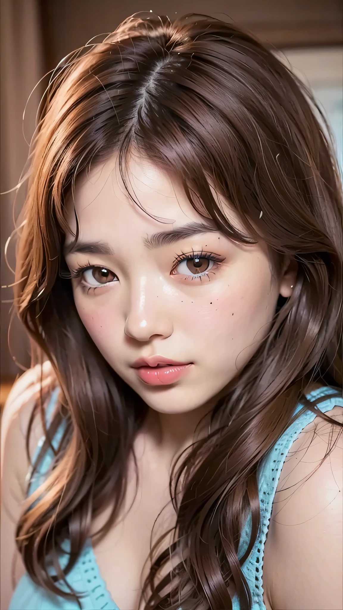 ((brown eyes)), (18 year old age girl), light brown hair color, ((big tits)), lips, realistic, (slim face), ((skinny)), charming, pink lipstick, colorful makeup, long eyelashes, wearing eyeliner, fair skin, (cute), (detailed face), detailed eyes, detailed iris,