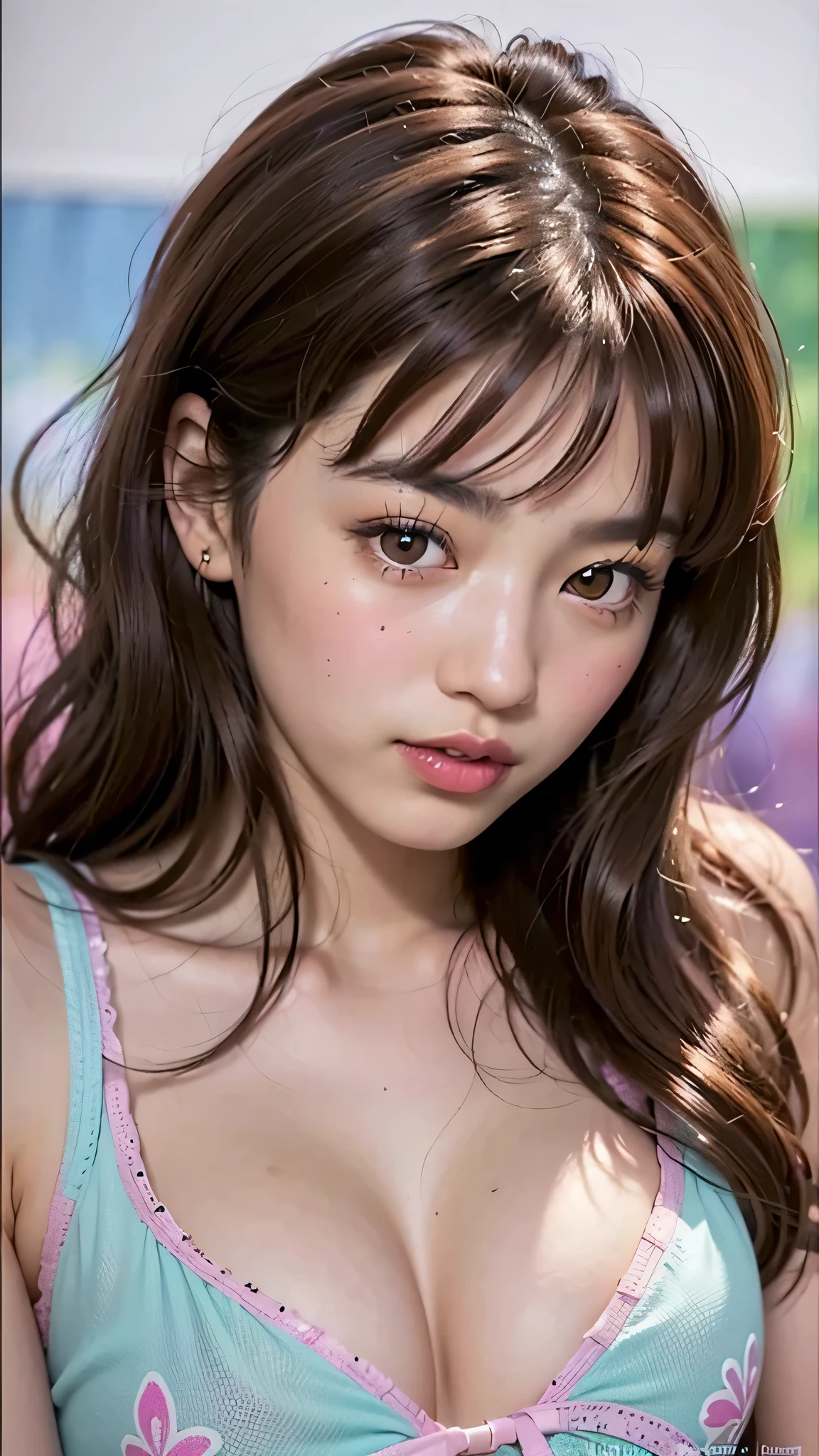 ((brown eyes)), (18 year old age girl), light brown hair color, ((big tits)), lips, realistic, (slim face), ((skinny)), charming, pink lipstick, colorful makeup, long eyelashes, wearing eyeliner, fair skin, (cute), (detailed face), detailed eyes, detailed iris,