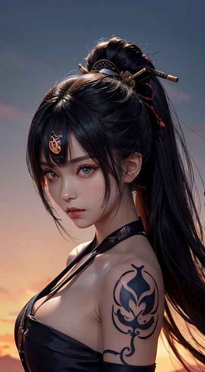 (Japanese sword &References;Muramasa 2&References;.0)Beautiful and cute woman、Tie your hair back、Hair ornament artist、Warrior、Clear eyes、Arm tattoo、warrior、