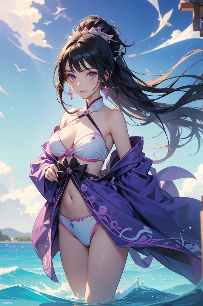 ((best quality)), ((masterpiece)), ((detailed)), ((1girl)), Kimetsu no yaiba screenshot of a girl in charming bikini outfit, a character portrait including heart shape face, dark purple eyes, straight dark black long hair, untie dark black long hair, two roofs hair, smiling, short scandals, variety of body styles, gentle fantasy art, beautiful character painting, white sands, full body style, swimming, in sea background, epic and exquisite character art, stunning character art, beautiful girl.