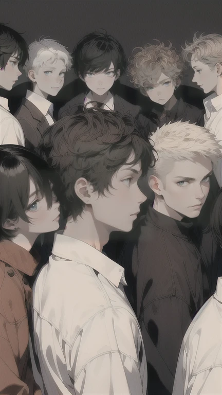 (Masterpiece), (Best Quality), Very detailed, (( 7 Friends:1.5)), Perfect Face, Beautiful Face, Very detail, (short Black-haired man), (short Silver-haired man), (short Blonde-haired man), (short Dark-curly haired man), (short Golden-haired man), (short Brown-haired man), (short White-haired man)、white shirt、standing at a distance, facing away from the camera