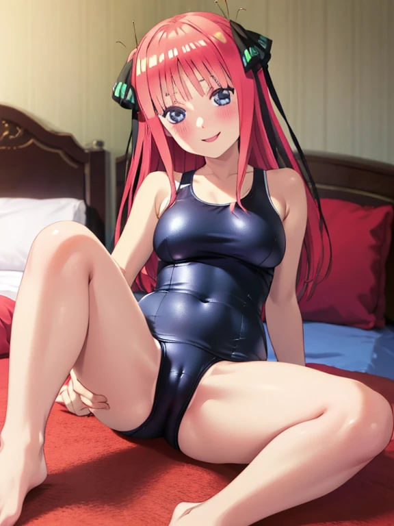 best quality, insanely detailed, nino nakano, breasts, blush, bedroom background, looking at viewer, pussy, smile, one-piece swimsuit, cheerful eye, Gymnastics leg spread