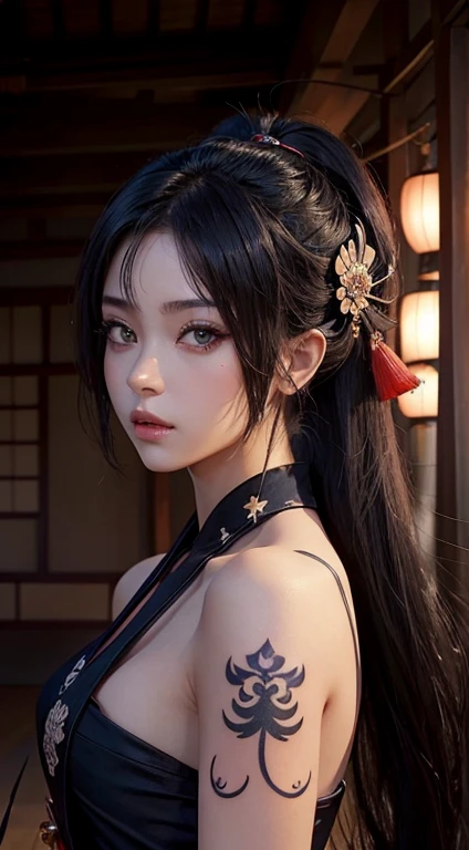 (Japanese sword &References;Muramasa 2&References;.0)Beautiful and cute woman、Tie your hair back、Hair ornament artist、Warrior、Clear eyes、Arm tattoo、warrior、