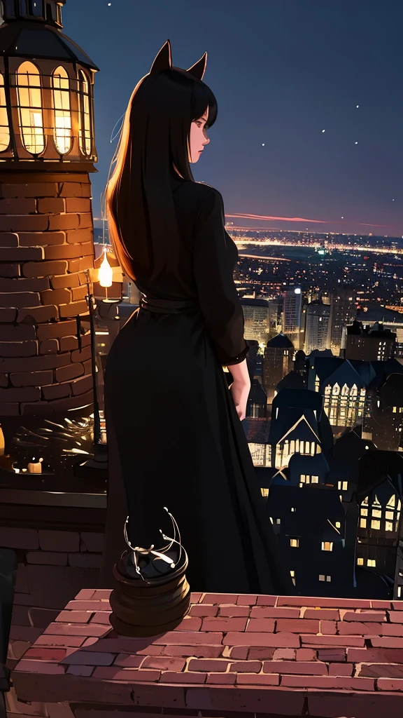 Generate an illustration of a black cat overlooking the cityscape from a high place. Overhead view. back view of cat castle. castle town. fountain. Bar. Greengrocer. Fish shop. Made of brick. Fantasy view . --s 1000 --c 5 --style raw --no lowest quality, lowest detailed, flat , realistic --niji 6