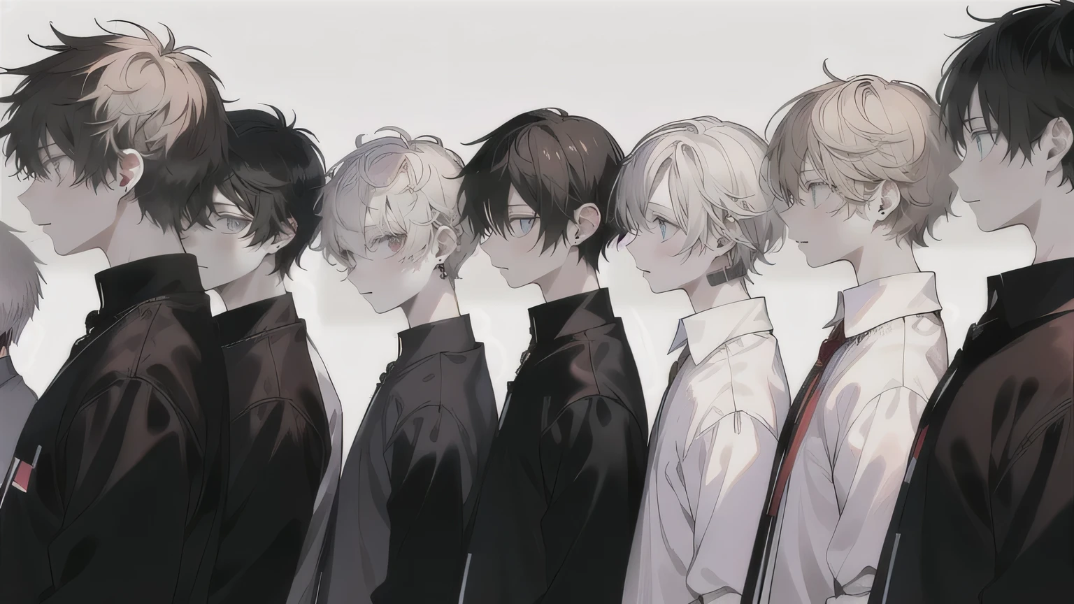 (Masterpiece), (Best Quality), Very detailed, (( 7 Friends:1.5)), Perfect Face, Beautiful Face, Very detail, (short Black-haired man), (short Silver-haired man), (short Blonde-haired man), (short Dark-curly haired man), (short Golden-haired man), (short Brown-haired man), (short White-haired man)、white shirt、standing at a distance, facing away from the camera