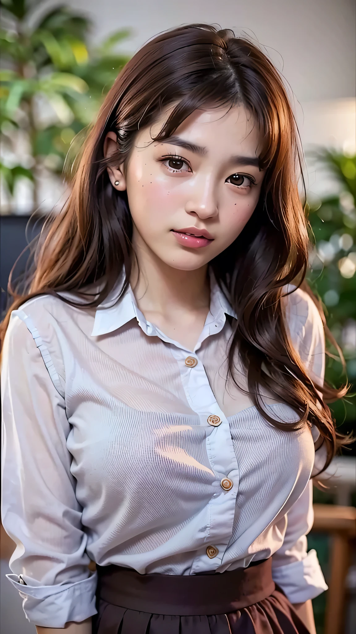 ((brown eyes)), (18 year old age girl), light brown hair color, ((big tits)), lips, realistic, (slim face), ((skinny)), charming, pink lipstick, colorful makeup, long eyelashes, wearing eyeliner, fair skin, (cute), (detailed face), detailed eyes, detailed iris, office style, Button shirt with white collar, (mini skirt),