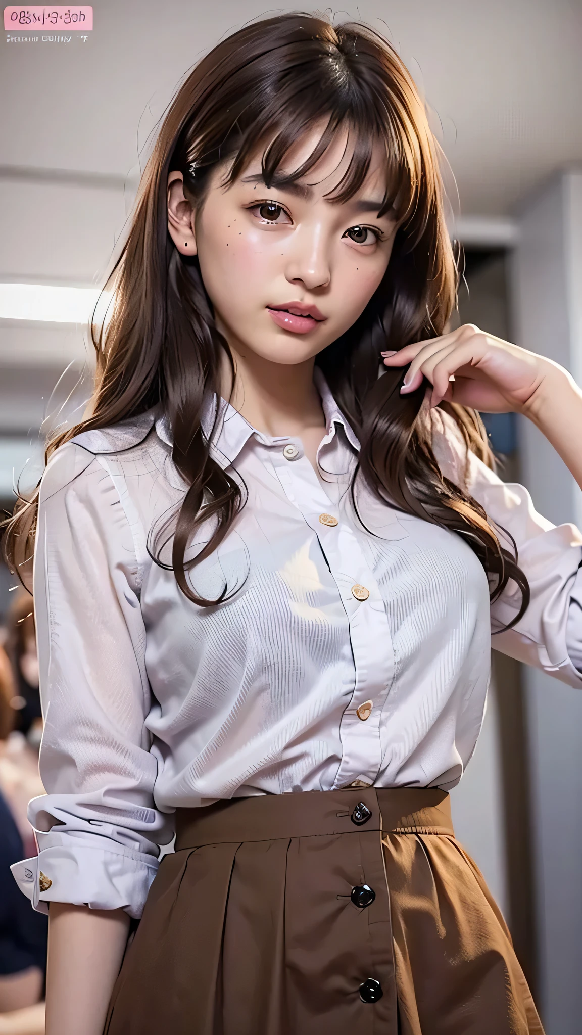((brown eyes)), (18 year old age girl), light brown hair color, ((big tits)), lips, realistic, (slim face), ((skinny)), charming, pink lipstick, colorful makeup, long eyelashes, wearing eyeliner, fair skin, (cute), (detailed face), detailed eyes, detailed iris, office style, Button shirt with white collar, (mini skirt),