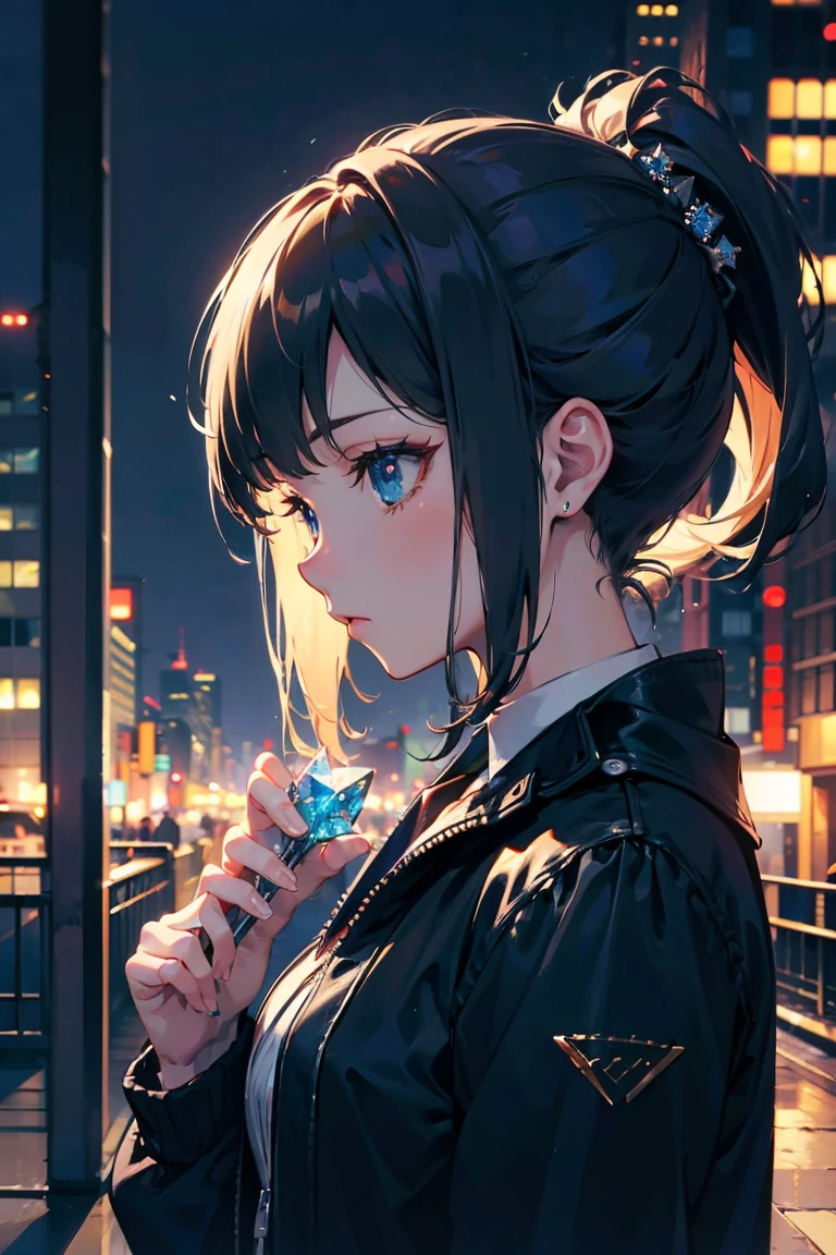 side view, cinematic lighting, 1 detailed girl, ((holding a diamond)), city, artwork, by ufutable, anime, wallpaper, 4k, (((high quality)))