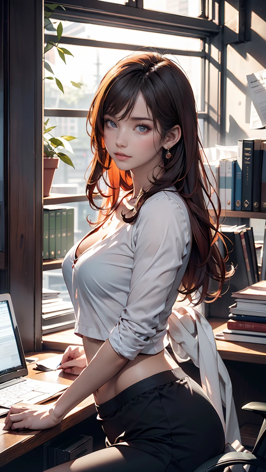 Portrait of a beautiful 18 year old girl, Redhead, Gorgeous Chinese, Cotton panties, At the entrance, (dark private office, Dark and gloomy light: 1.2)
