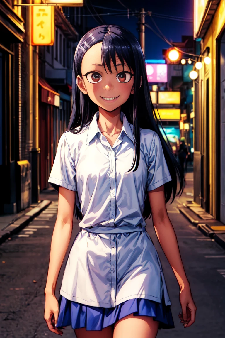 1 girl, standing alone, sprinting, citysscape, night citys \(citys\), stealth in the citys, Small bust, work of art, professional art, famousartwork, face perfect,perfect brown eyes, nagatoro hayase, hair ornament, eyes browns,(glare eyes:1.1), hair clip, darkskin, Bblack hair, beautiful  face, ((Evil smile with white teeth)), evil expression, ((perfect female body, narrow waisted)), background citys,  dark blue skirt, white shirt with small collar, 