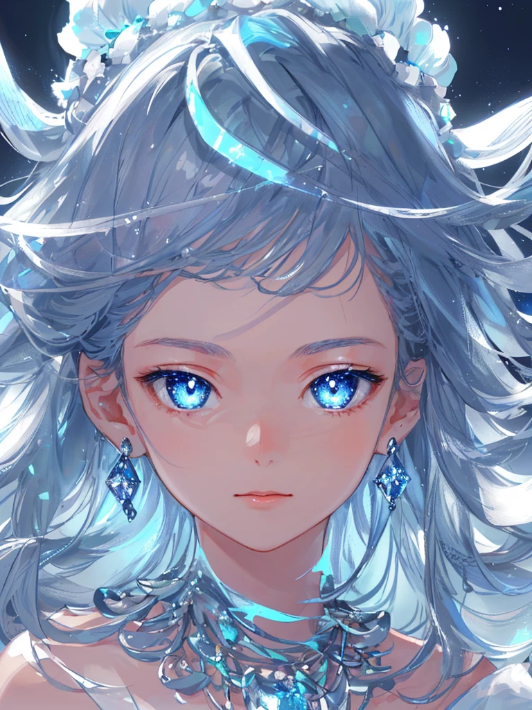 masterpiece, Highest quality, An illustration, Sax Blue, Platinum Earrings, Platinum Necklace, White Dress, 1girl, cute, (moving lighting:1.2), Cinematic lighting, Delicate facial features, Detailed eyes, Sharp pupils, Realistic pupils, Depth of written boundary, Bokeh, Sharp Focus, (Super detailed, Bloom, Glow:1.4), Many little gems