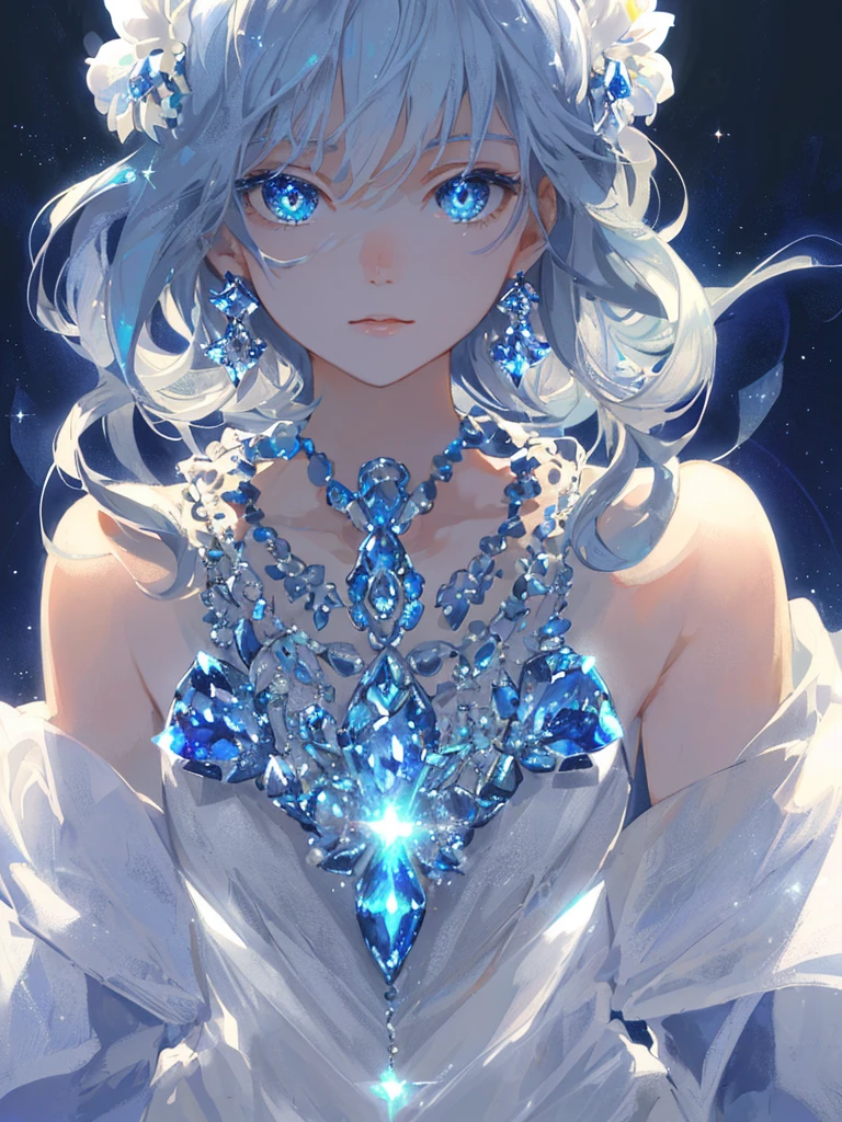 masterpiece, Highest quality, An illustration, Sax Blue, Platinum Earrings, Platinum Necklace, White Dress, 1girl, cute, (moving lighting:1.2), Cinematic lighting, Delicate facial features, Detailed eyes, Sharp pupils, Realistic pupils, Depth of written boundary, Bokeh, Sharp Focus, (Super detailed, Bloom, Glow:1.4), Many little gems