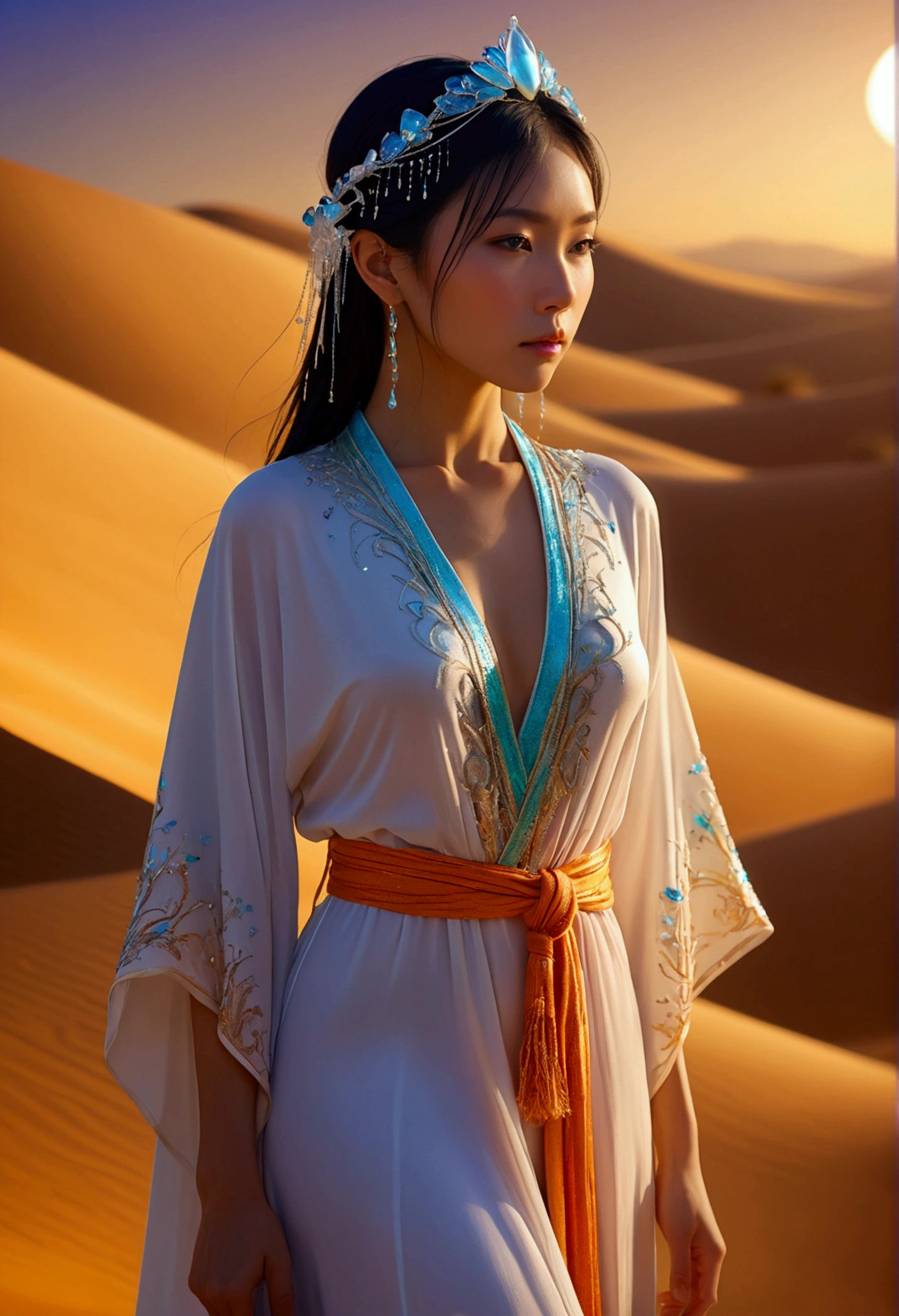 Desert Princess, robe, by Miki Asai, full body, cinematic still, cinemascope, best quality, masterpiece, very aesthetic, perfect composition, intricate details, ultra-detailed, vivid colors blanc