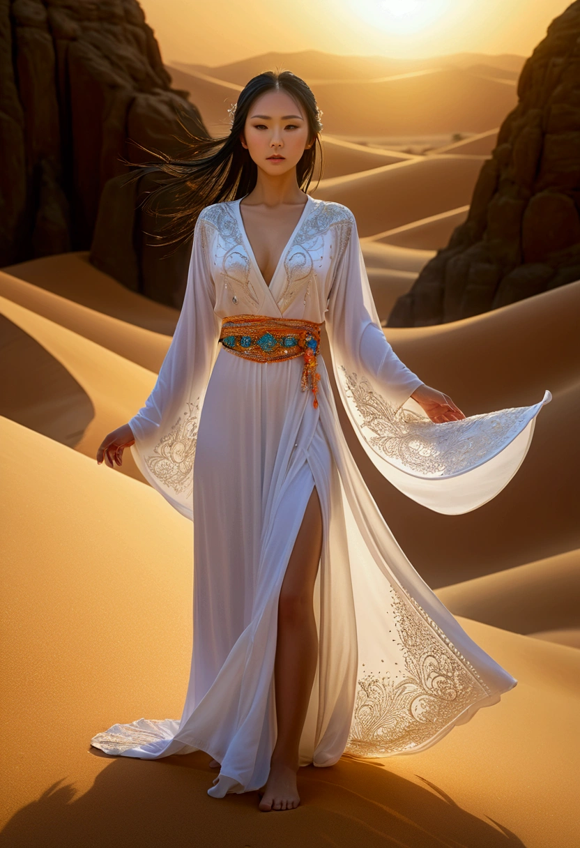 Desert Princess, robe, by Miki Asai, full body, cinematic still, cinemascope, best quality, masterpiece, very aesthetic, perfect composition, intricate details, ultra-detailed, vivid colors blanc