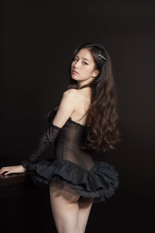 ((original photography:1.2, best quality)), Extremely detailed, Ultra-precise depiction, Ultra-fine drawing, (tangled:1.2), (elegant atmosphere), (Dark background:1.5), 波浪Long hair, Pink Hair, 1 Girl, Ballet dancer,Elegant temperament,Wear a ballet costume, Detailed tutu,Very detailed, Practical, 30 years old, Long hair,long legs,hands behind