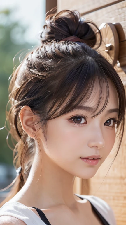 blush,21 years old,Small breasts,Climbing Wall,Long hair ponytail,indoor,Running Wear,Face close-up,((8k, RAW Photos, Highest quality, The pieces fly:1.2), (reality, Realistic:1.4), (非常に詳細な8k壁紙), Written boundary depth, Cinema Lighting, Soft Light, Detailed beauty eyes,Shiny and smooth light brown ponytail, Asymmetrical bangs, Glowing Skin, Highly detailed skin ,High resolution, Attention to detail, Detailed hairstyle, Detailed beauty face, Hyper Real, Perfect limbs, Perfect Anatomy ,1 Japanese girl,Famous Japanese Idols, Perfect female body,A shy smile,short eyelashes,double eyelid,Look straight here,Hairstyle: Ponytail、climber、Dynamic