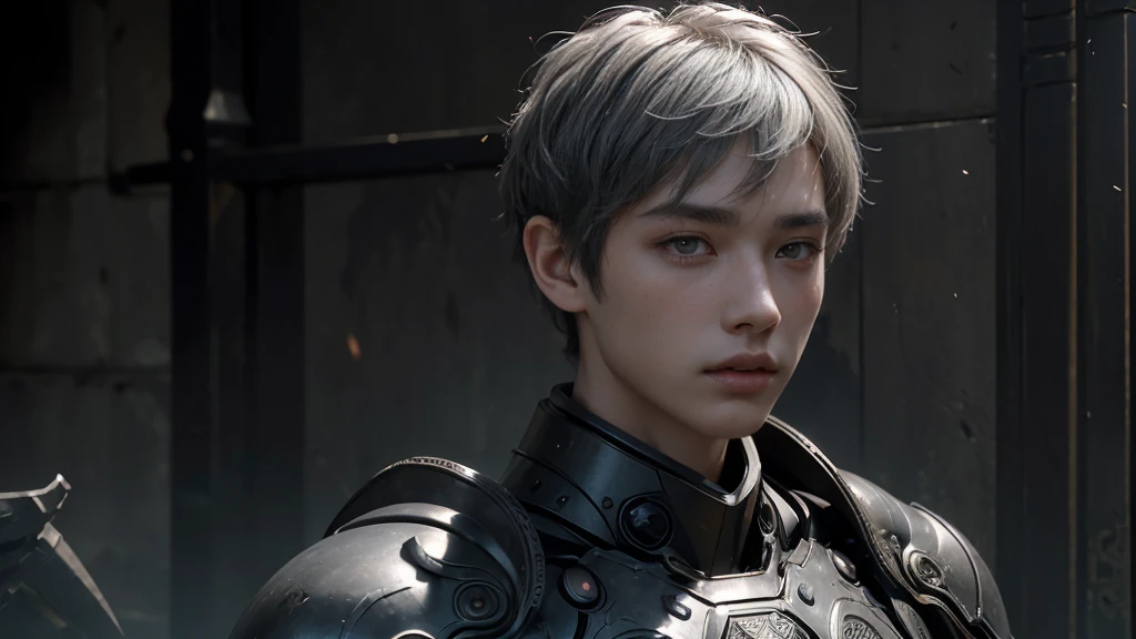 masterpiece,Game Art,Best picture quality,Maximum resolution,8K,(portrait),Unreal Engine 5 rendering works,(Digital Photography),((portrait Feature:1.5)),20-year-old boy,Short hair details,Short bangs,(The red eye makeup is carefully applied),(Has short grey hair:1.4),(Large target, Strong chest muscles),Elegance and nobility,Brave and charming,(The future armor combines the characteristics of Chinese armor,hollow-carved design,Power Armor,Mysterious oriental runes,Exquisite clothing patterns,Magic Flash),Future Warrior,Cyberpunk Characters,War Background,
light,Ray Tracing,Game CG,((3D Unreal Engine)),OC rendering reflection mode